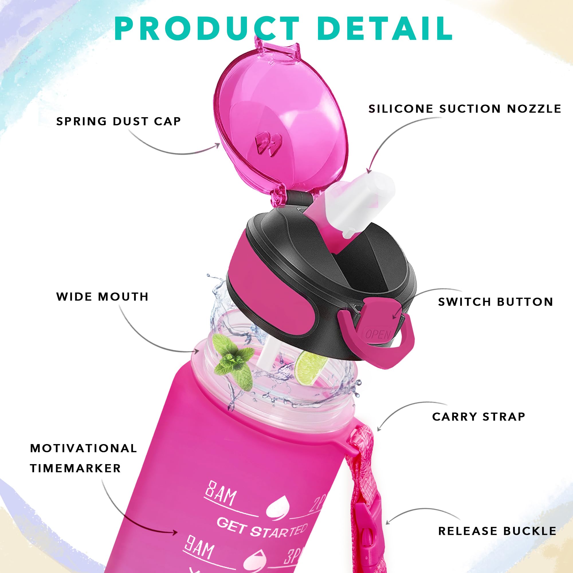 Enerbone Botella de agua de 32 onzas con tiempos para beber y popote, botellas de agua motivacionales con correa de transporte, a prueba de fugas, sin BPA y sin tóxicos, asegúrate de beber suficiente