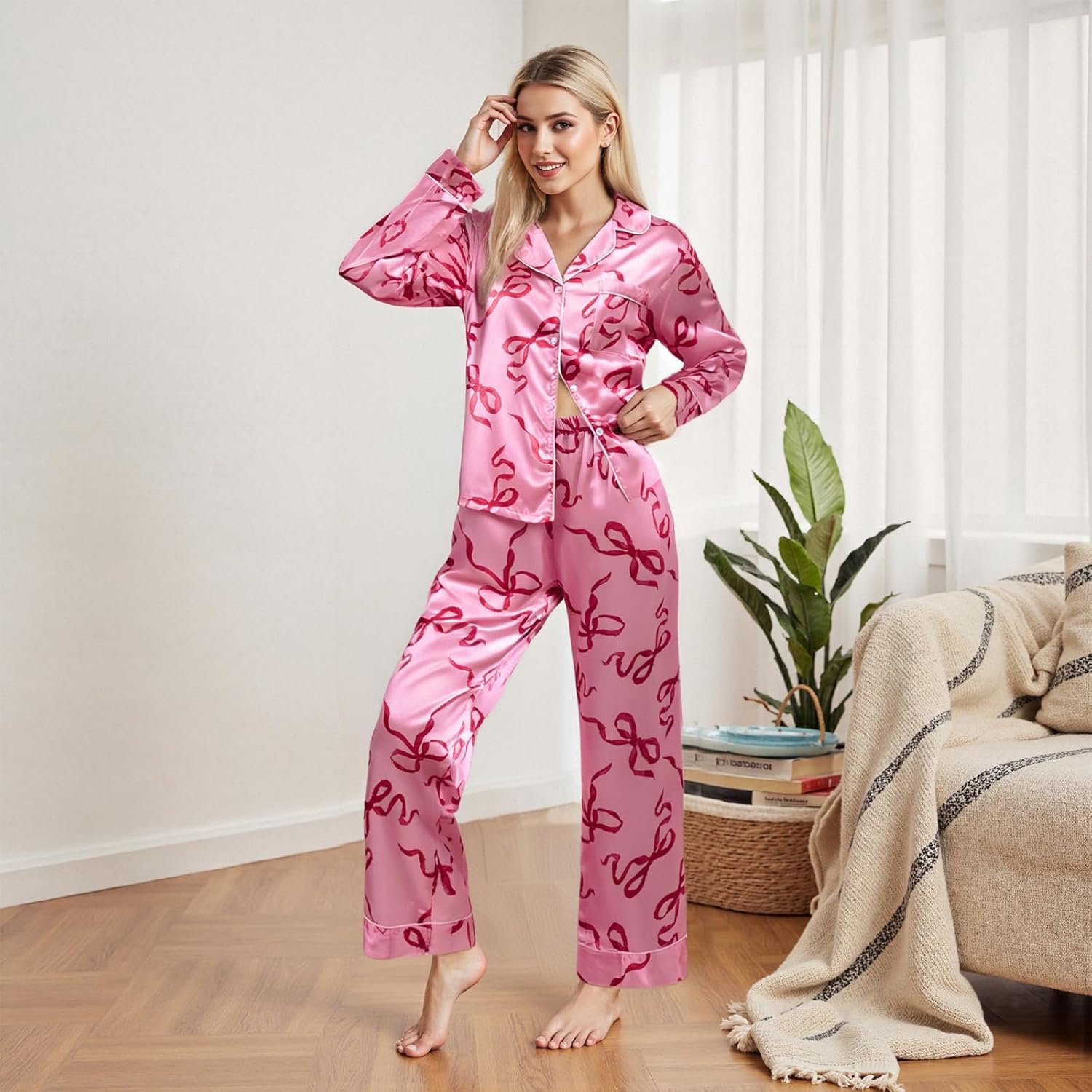 Women 2 Piece Christmas Pajamas Santa/Christmas Tree/Boots Print Shirts Tops and Pants Loungewear Outfits - Image 3
