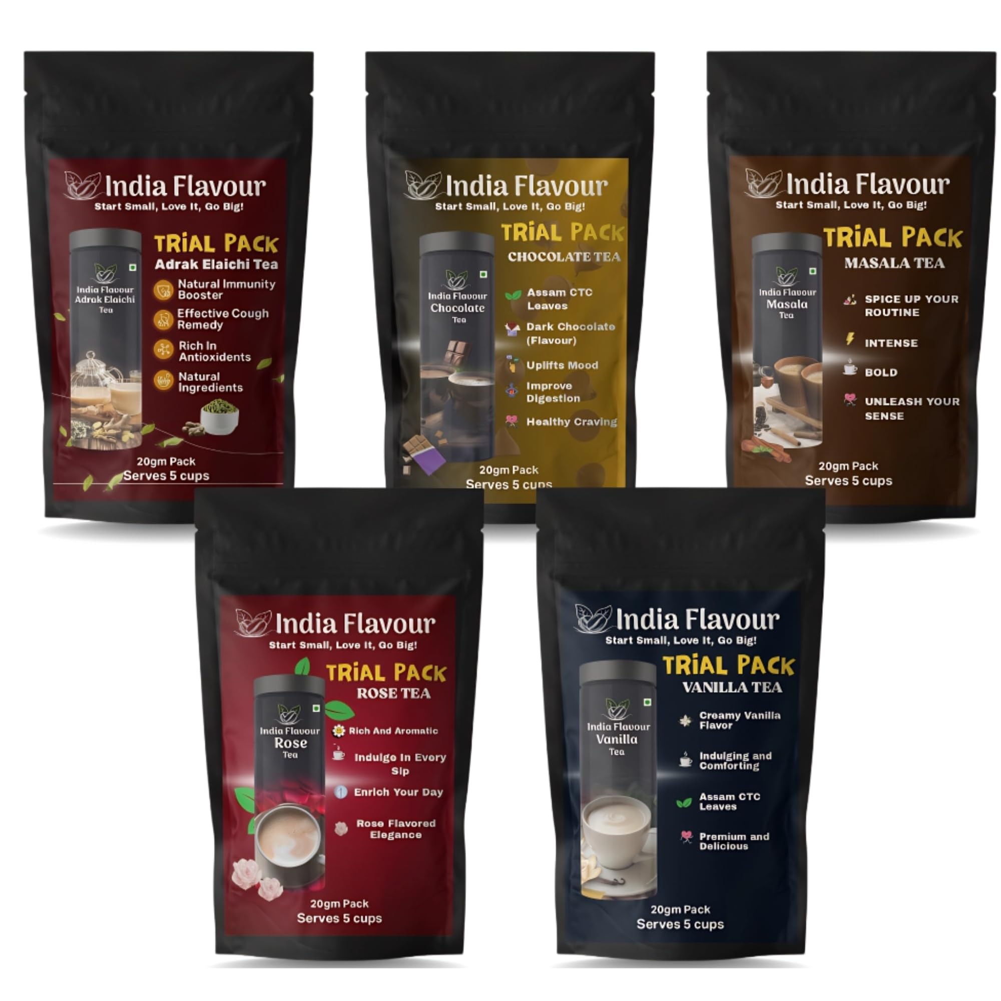 India Flavour Assam CTC Flavoured Chai Combo – 5 Aromatic Tea Blends: Adrak Elaichi, Vanilla, Masala, Rose, Chocolate (5x20g)-image-7