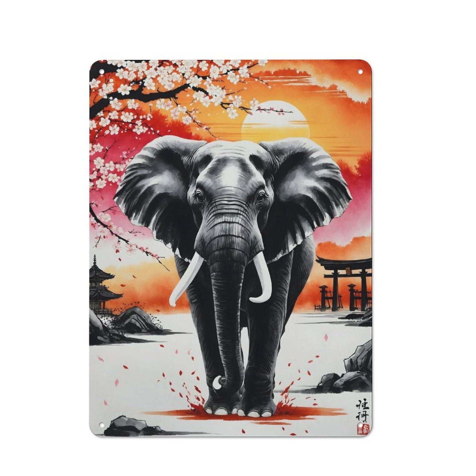 Junmoney Japan Elephant Painting Printed Metal Sign 40X30cm For Studio Or Craft Room, For Creative-Space Collectors