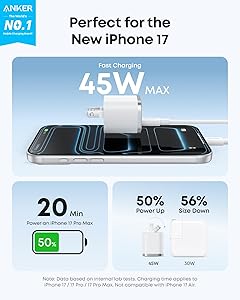 Anker Nano 45W Type C Charger Fast Charging, Compact and Foldable Plug USB C Charger Block for iPhone 17/16 Series, MacBook, Pixel 9, iPad, Samsung Galaxy S25 Ultra / S24 Series (6 ft Cable Included)