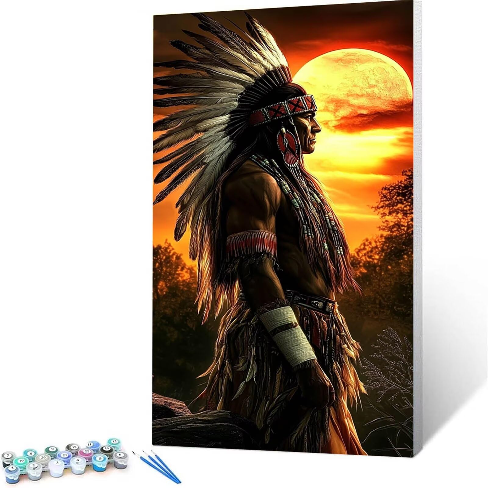 Malen Nach Zahlen – Indianer-Motiv, 40,6 X 50,8 Cm, Leinenleinwand Mit Acrylfarben & Rahmen