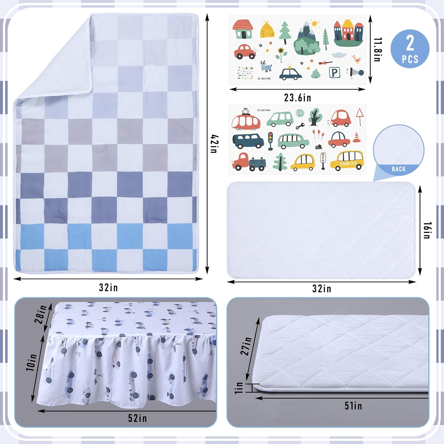 SmoothNovelty 5 Pcs Cars Theme Baby Crib Bedding Set Include Checkered Crib Sheets Bed Skirt Comforter Pad Cover Wall Stickers for Boys Transportation Nursery Room Decoration