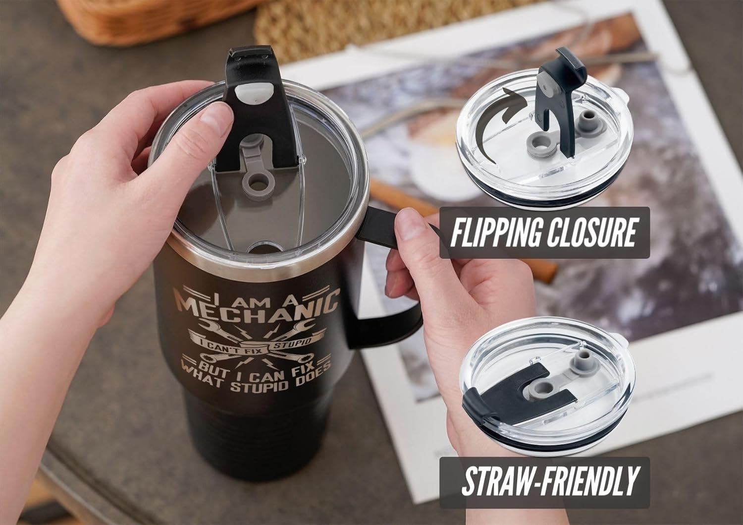 Onebttl Mechanic Gifts for Men, Gifts for Him, 40oz Tumbler with Handle and Straw, Insulated Coffee Mug with Lid, I Can't Fix What Stupid Does - Image 4
