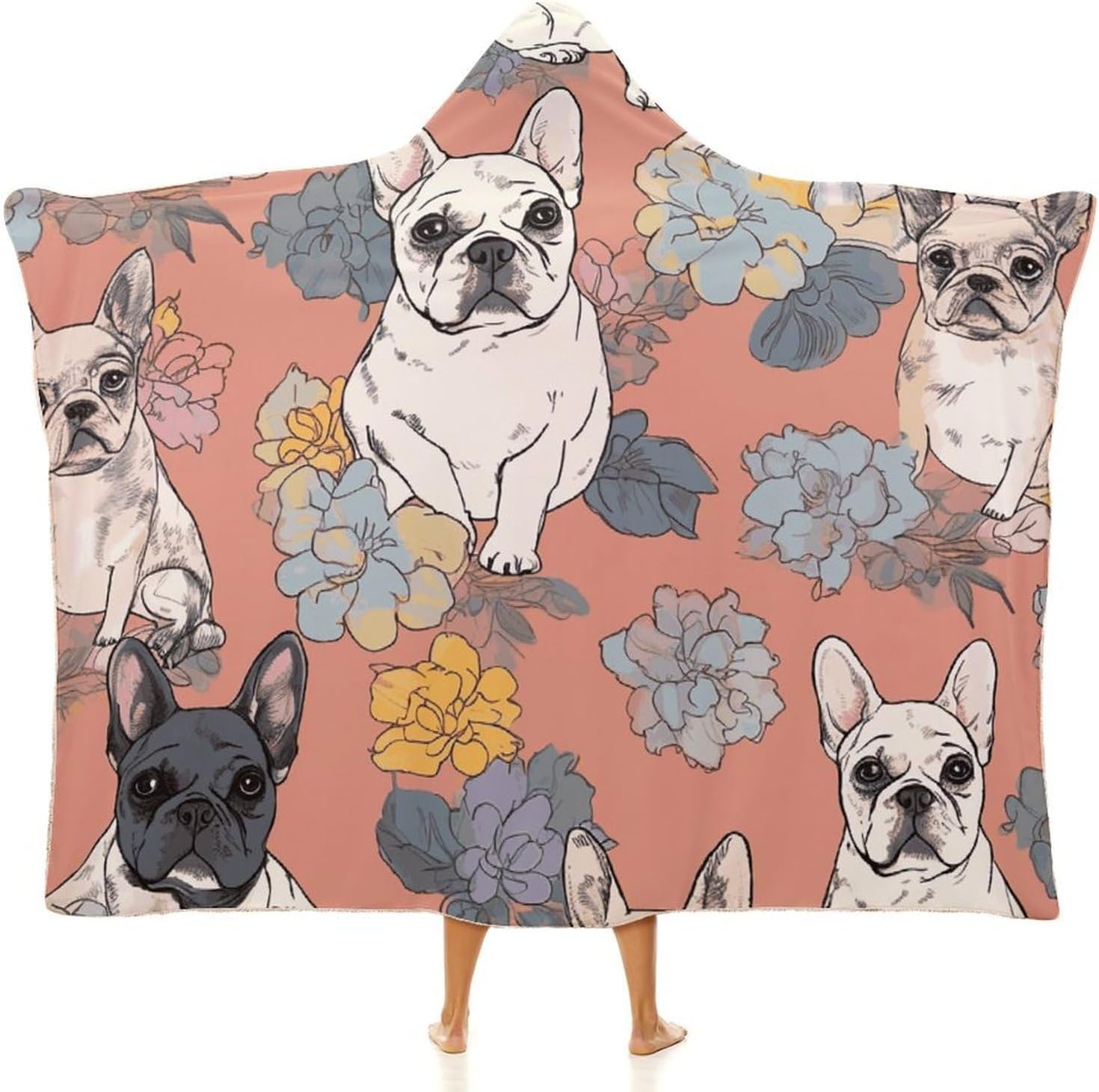 French Bulldog Print Hooded Blanket Cozy And Functional,Wearable Blanket Hoodie for Women Men,Blanket Poncho Presents40 x50