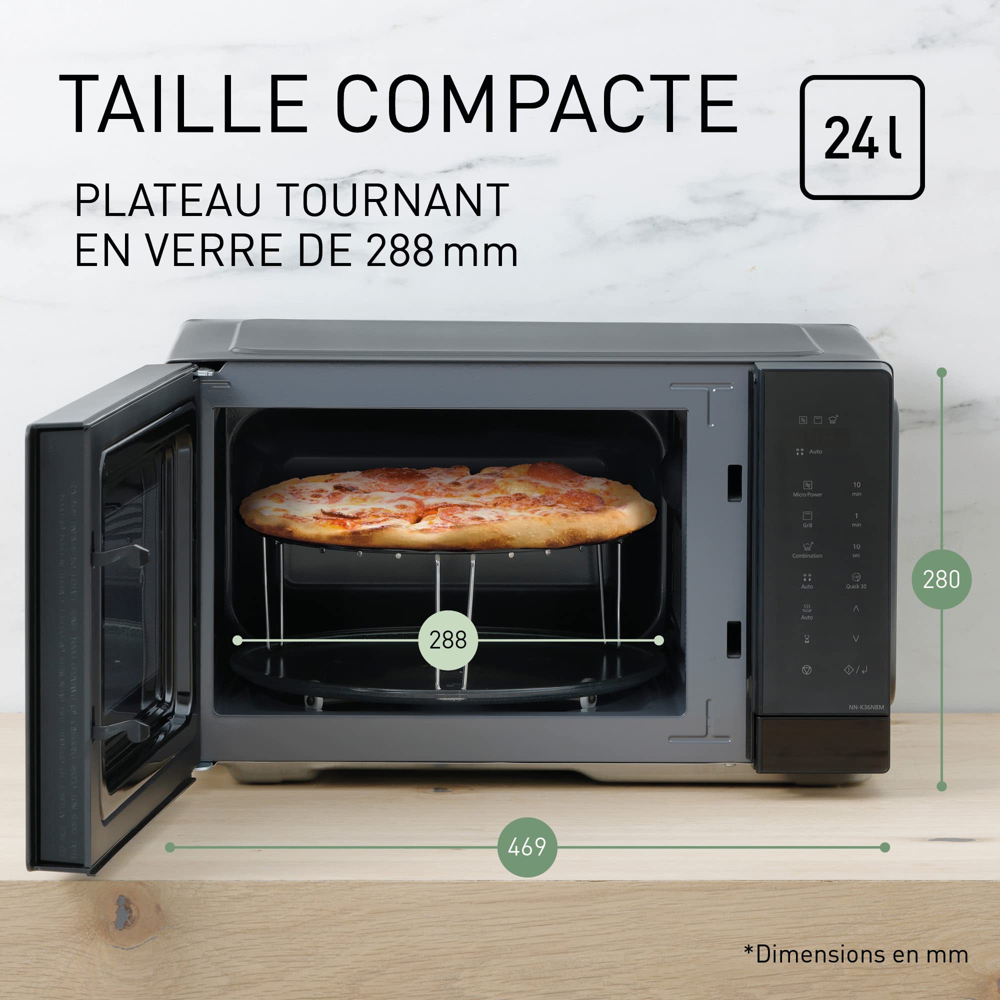 Panasonic NN-K36NBMEPG, Four à Micro-Ondes grill, 24 Litres, Puissance 900W, 8 Programmes Automatiques, Double Technologie de Cuisson, Fonction Quick 30, Noir