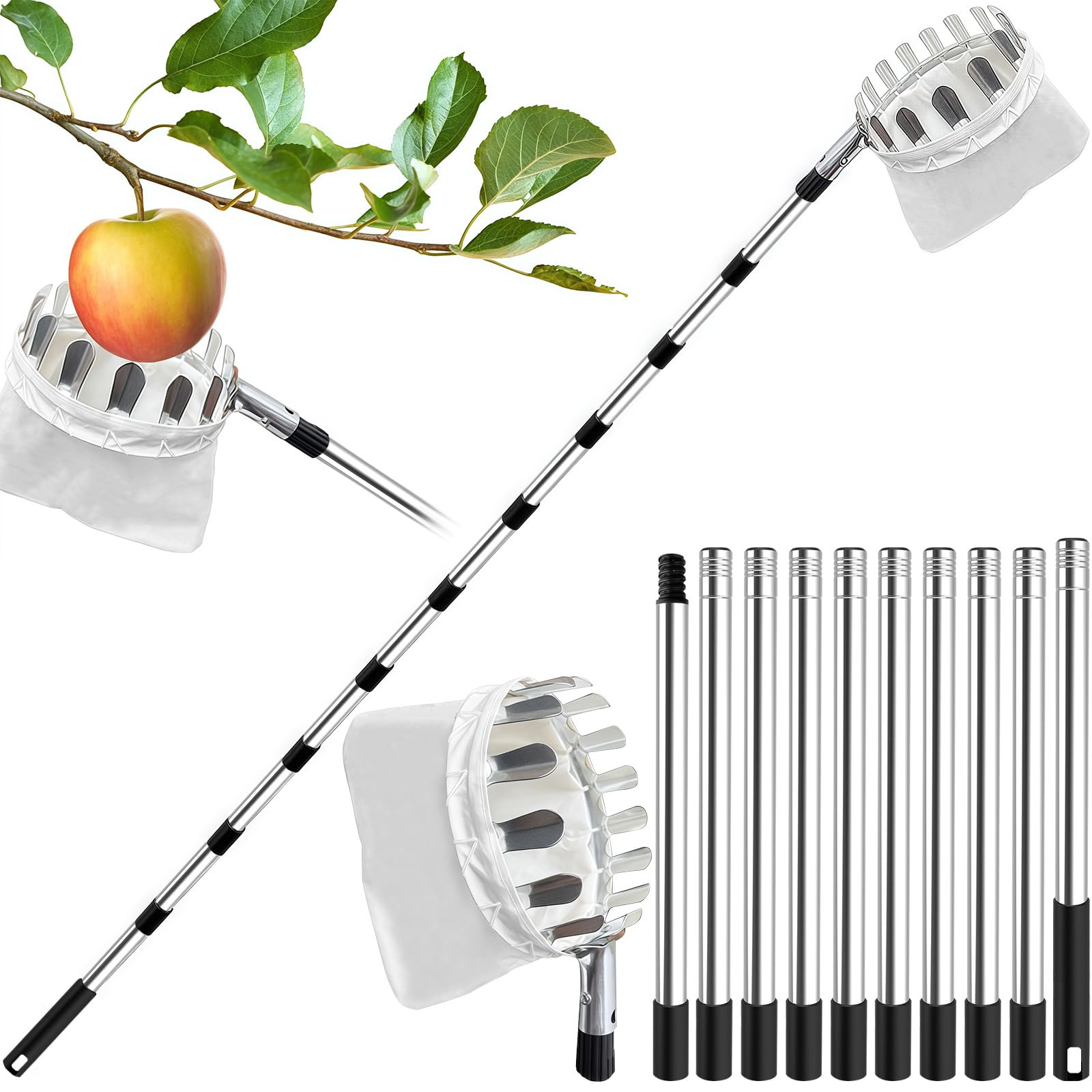 4,2M Obstpflücker mit Teleskopstiel, Apfelpflücker, Kirschenpflücker mit Leichter Edelstahl Teleskoppfahl und Baumwollbeutel, Obstgreifer Einfach zu Montieren, Kirschpflücker, Pflaumenpflücker
