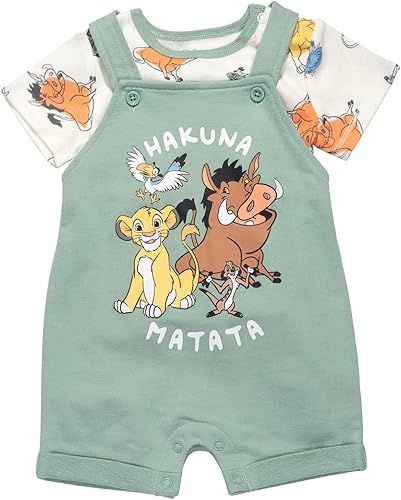 Miniatura 4 de Disney Lion King Pumbaa Timon Simba - Overol corto de rizo francés para bebé camiseta y sombrero juego de 3 piezas para recién nacido a bebé