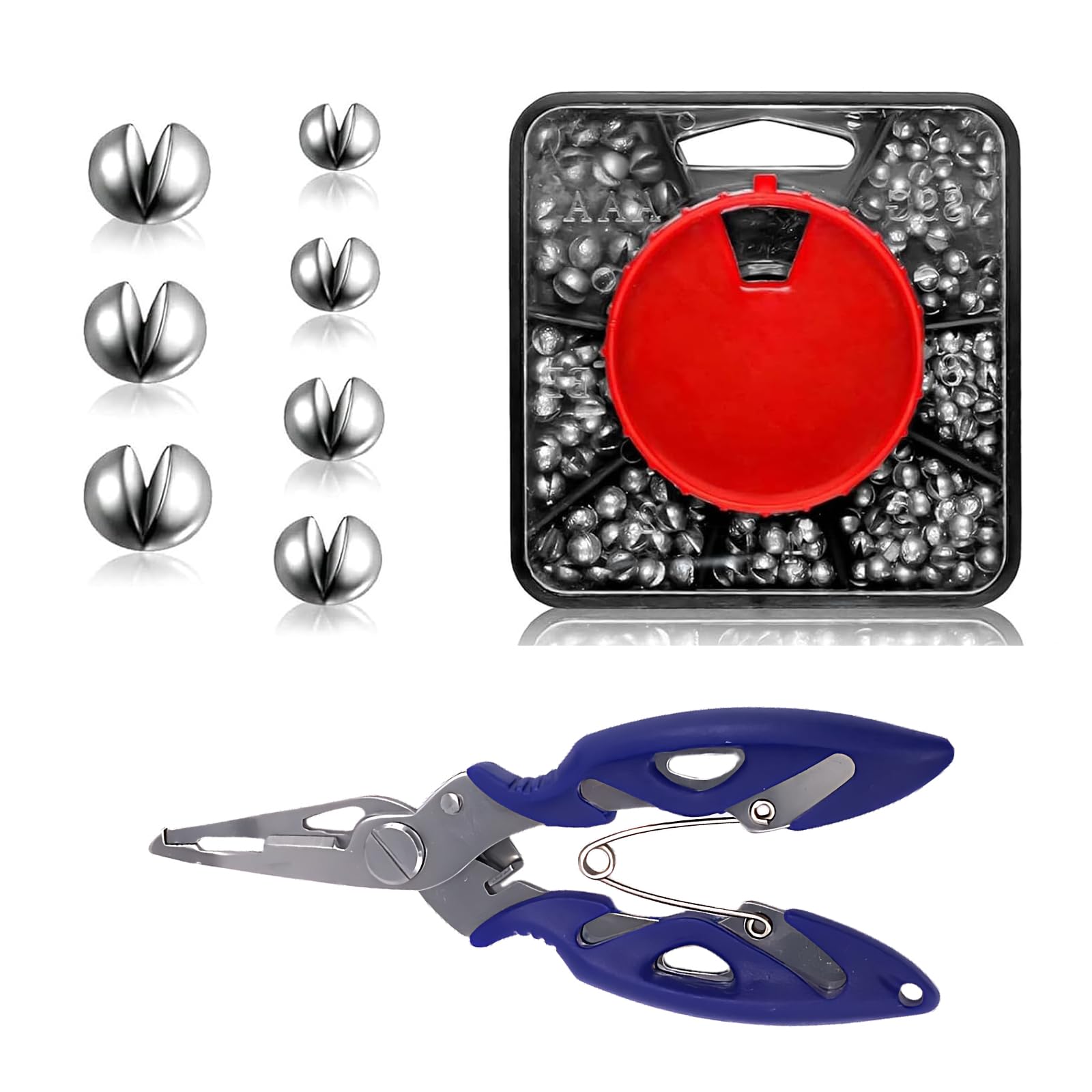 Fishing Weights, 179pcs Split Shot Fishing Weights with 1pcs Blue Pliers, Fishing Tackle for Short Casts and Deep-Water Fishing, 4.88in x 2in Compact Design for Reservoirs, Rivers, and Sea