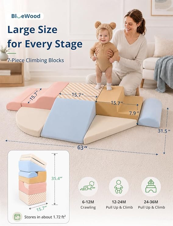 BlueWood Baby Foam Climbing Blocks, 7-Piece Soft Play Set for Crawling