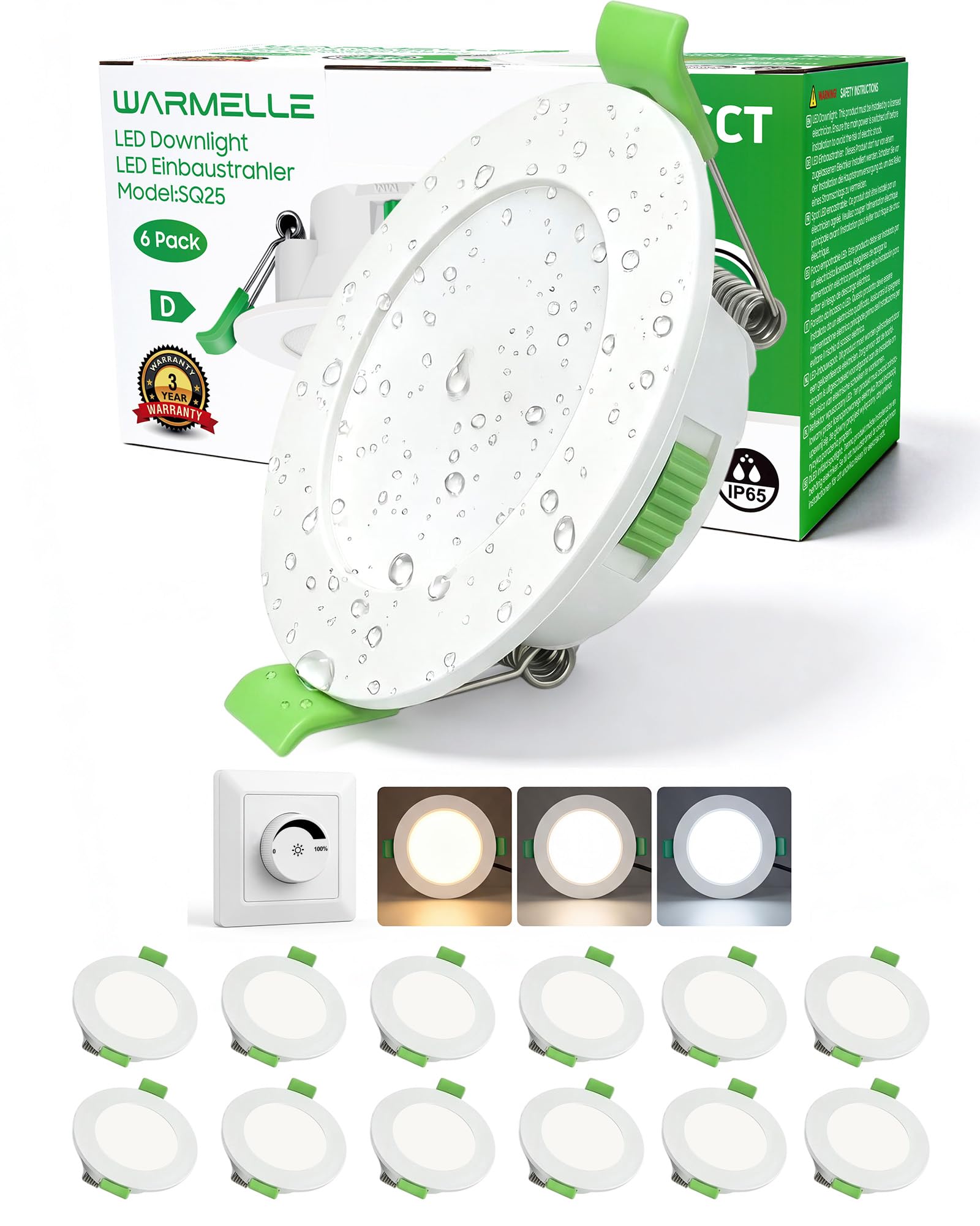 WARMELLE 12 Pack LED Downlights Ceiling,Dimmable 7W Spot Lights with Aluminum Cup,3000K/4000K/6500K Adjustable,Φ66-75mm Cutout,CRI>80, IP65,600-670LM,for Bathroom,Living Room