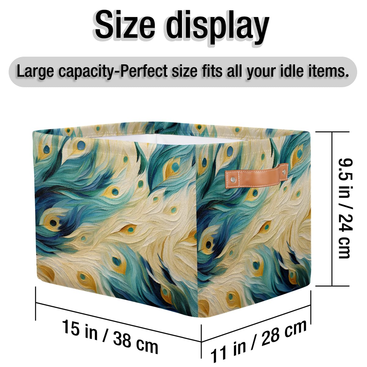 Mexpekil Cesta de almacenamiento de plumas azules de pavo real, caja de almacenamiento de juguetes para niños, plegable, organizador de tela para estantes, cesta de regalo grande con asas, 2 piezas