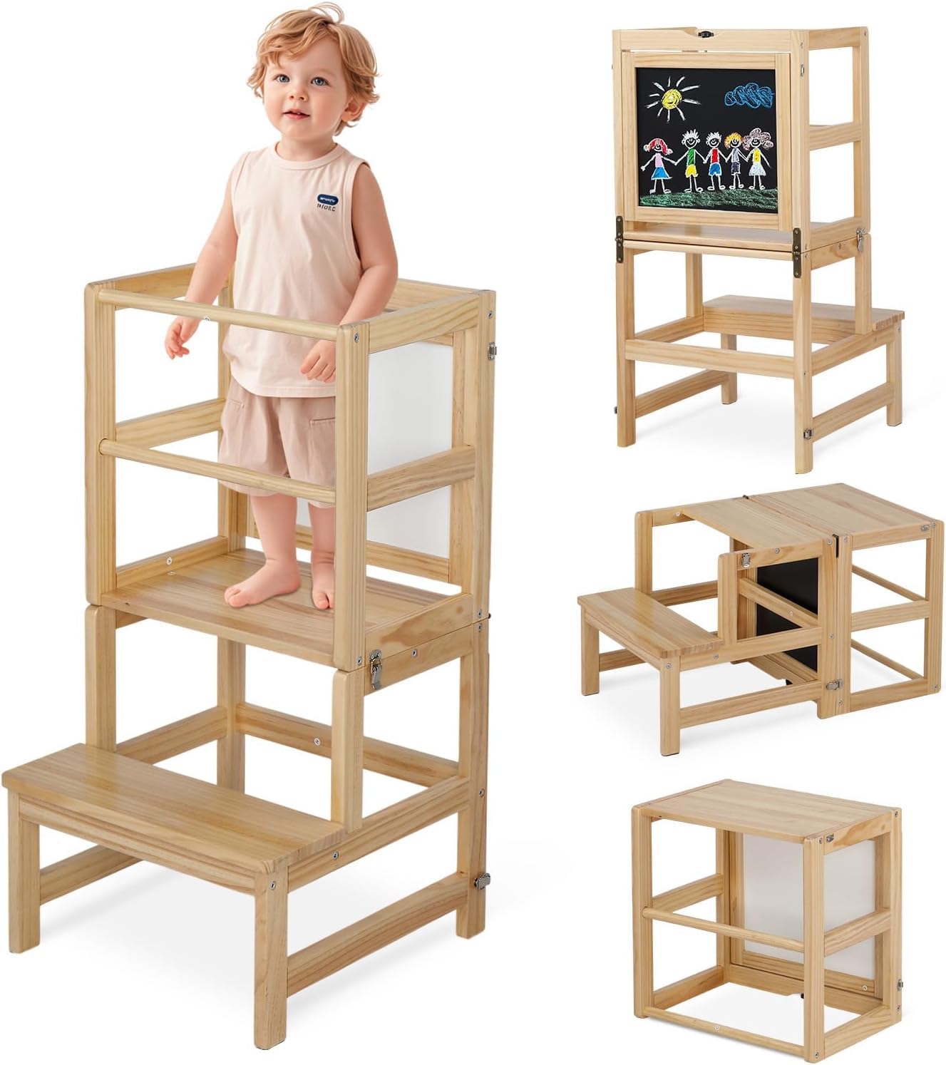 LALAHO Lernturm ab 1 Jahr，Tritthocker Holz，Lernturm Klappbar mit rutschfeste Matte，Montessori Inspiriert，Für Küche & Bad（Natur）