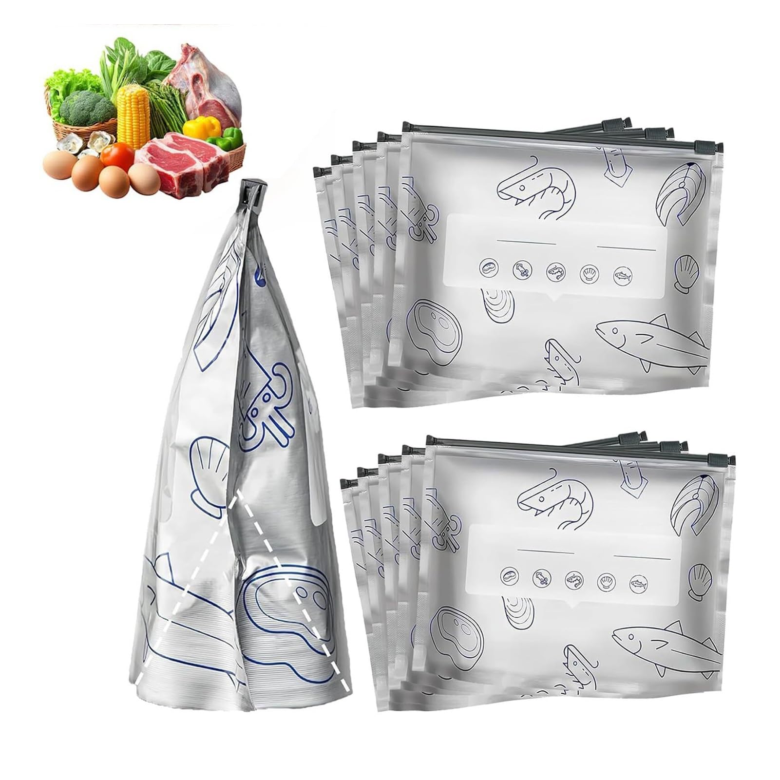 30，Reusable Aluminum Foil Stand Up Food Storage Bags, Resealable Zipper Freezer Bags with Write-on Label, Leakproof Airtight Food Saver Bags for Vegetable Fruit Meat Seafood (Large 30PCS)