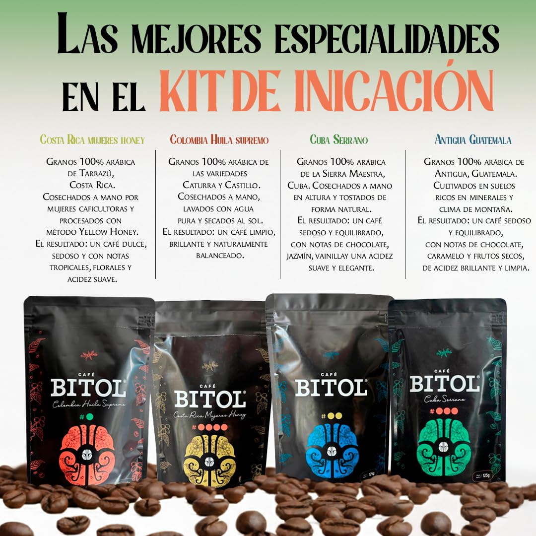 Pack Degustación BITOL | 4 Cafés de Especialidad 100% Arábica de Origen Único 4 x 125 gr + Molinillo Manual | Notas de Chocolate, Caramelo, Frutos Secos | Dulzura Natural | Equilibrado