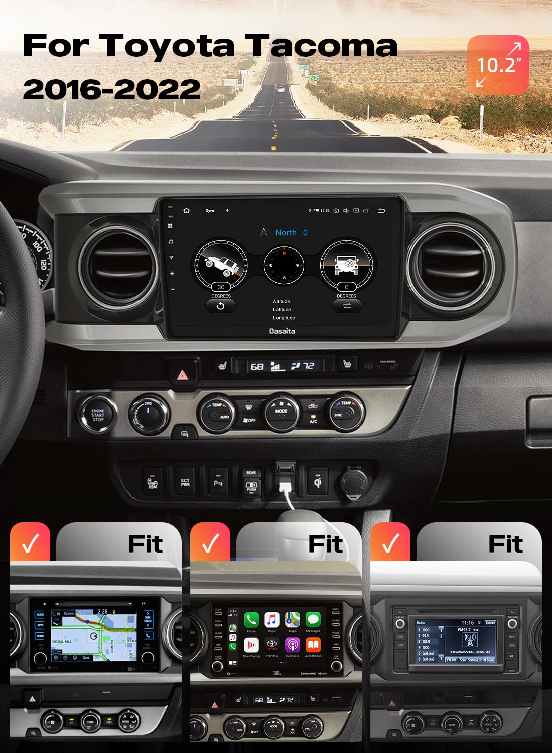 Dasaita Radio for Toyota Tacoma 2015-2022, 10 Inches QLED Screen, with Wireless CarPlay Android Auto, 6G+64G, Android 13 Head Unit, DTS, Plug and Play