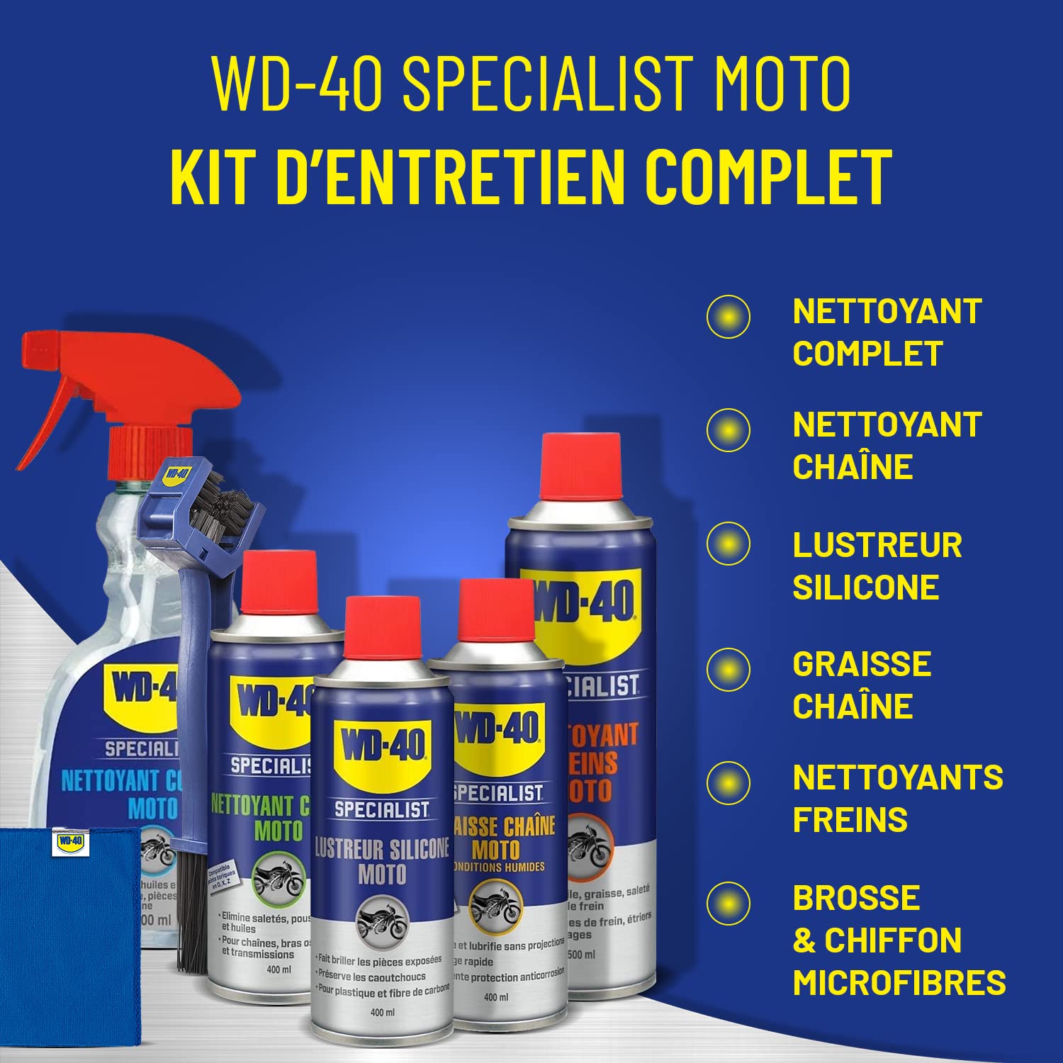WD-40 Specialist • Kit d'entretien moto complet • Nettoyer, Lubrifier et faire briller la moto & Produit Multifonction • Spray Double Position • Sans Silicone • Non Conducteur