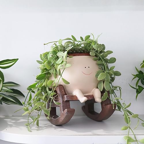 Miniatura 7 de Macetas de cara para plantas de interior, bonitas macetas de resina con cabeza de flores, sillas mecedoras para suculentas con orificio de drenaje,