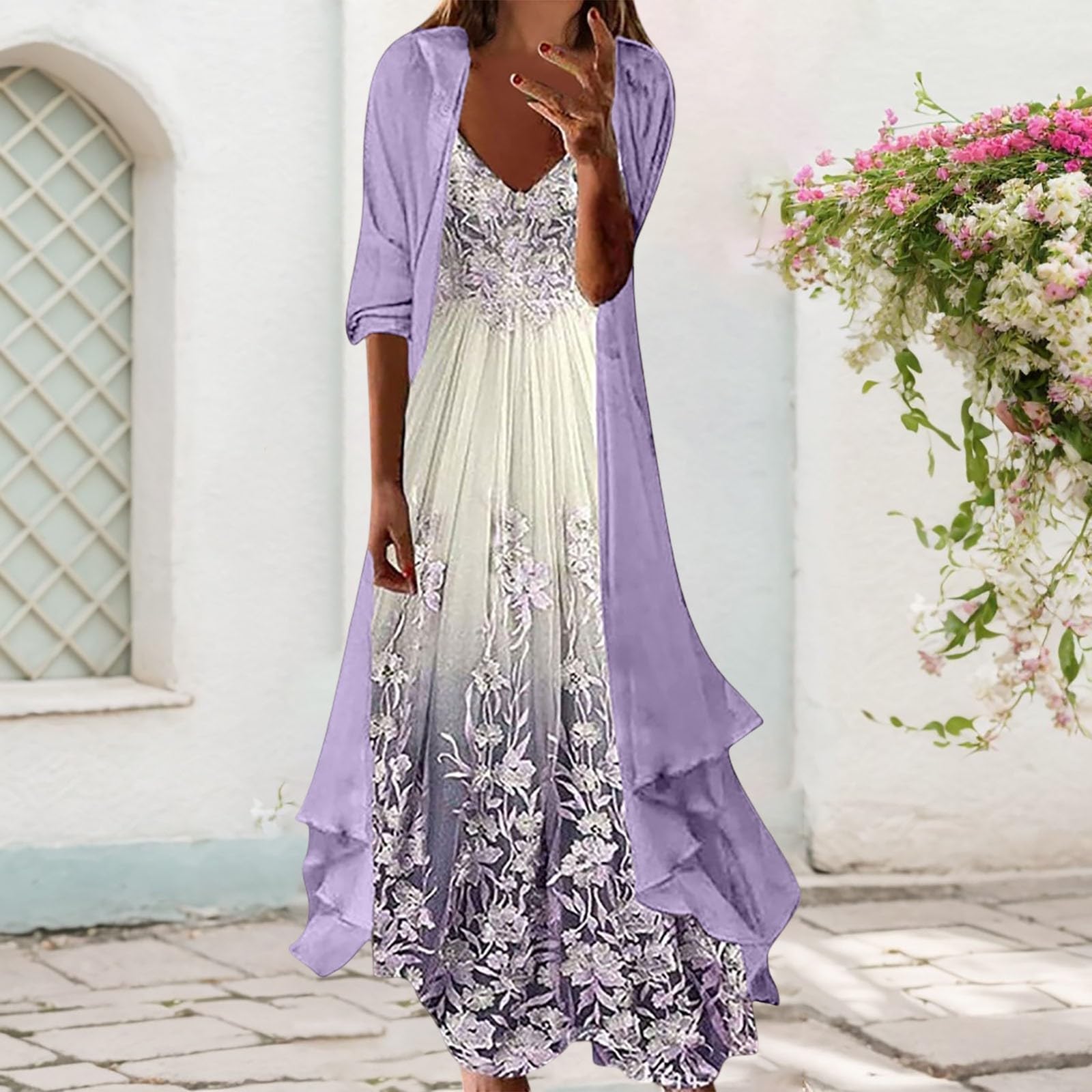 Conjunto de Dos Piezas Midi Holgado con Estampado Floral para un Estilo Elegante con Falda Larga y Mangas. Versátil/Conjunto de Verano