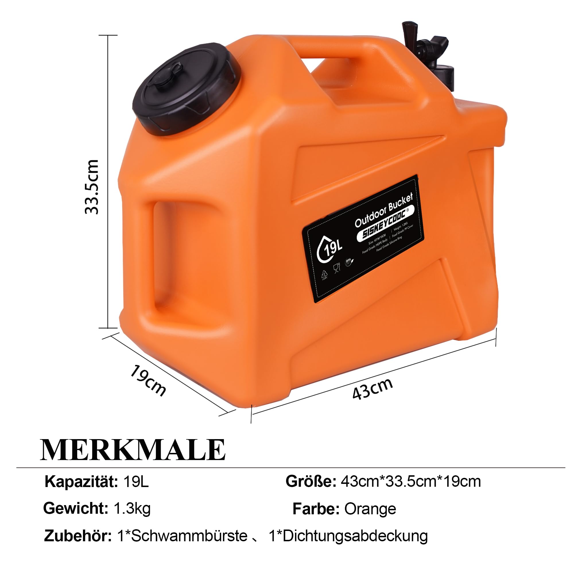 Bidon d'eau portable de 19 l avec robinet - Réservoir d'eau sans BPA - Orange - Multifonction - Pour camping, extérieur, transport d'urgence - Orange - 19 l