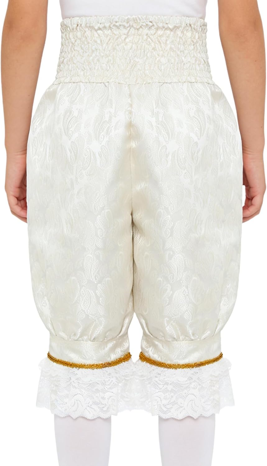 Girls Victorian Pantaloons Back Elastic High Waist Ruffled Lace Bloomers Pattern Pants with Two Pockets