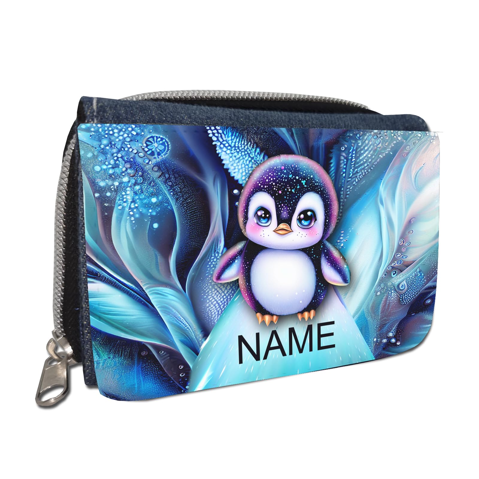 Geldbörse Pinguin personalisiert für Kinder/Teenager | Mit Name, Jeans oder Schwarz, Schriftart für Namen wählbar