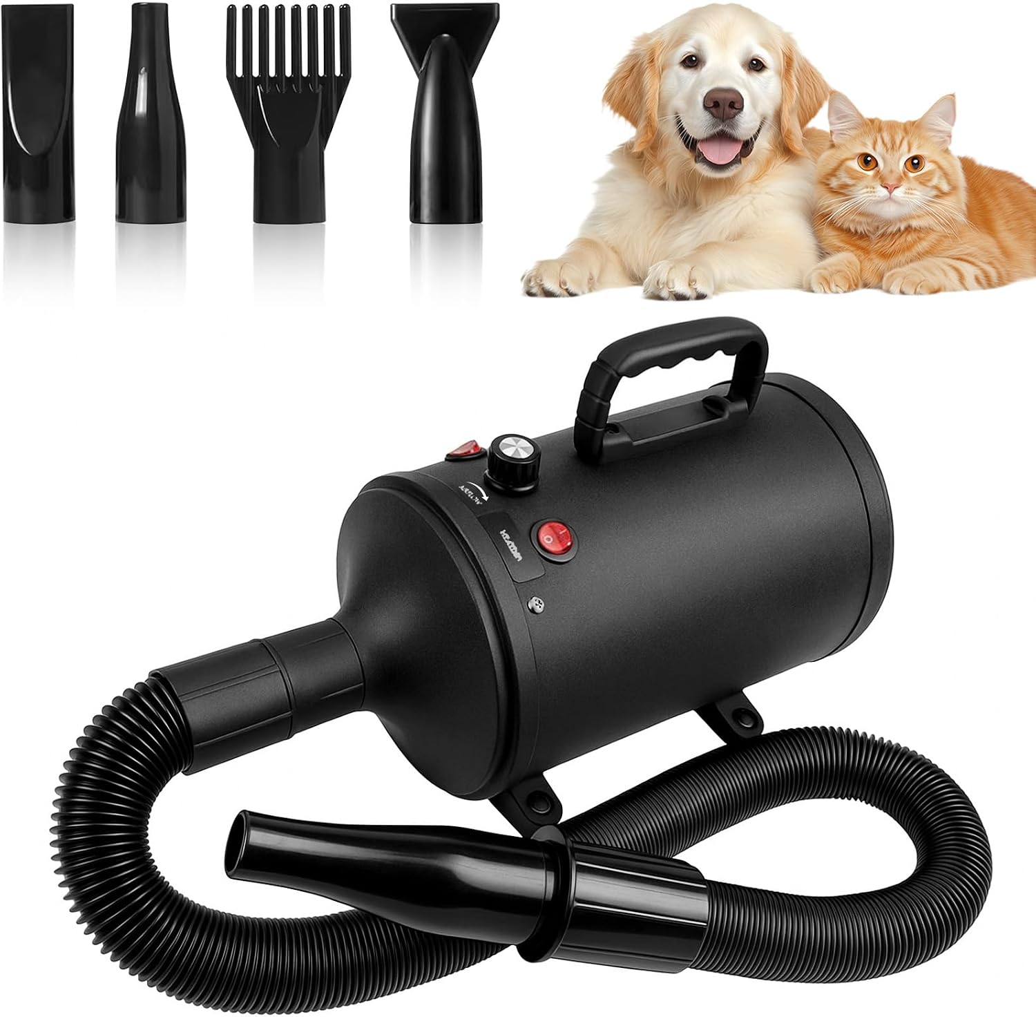 3200W Dog Hair Dryer Blower Very Quiet - 3200W Pet Dryer Dog Dryer Blower with Adjustable Wind Speed and Temperatures 4 Different Nozzles Elastic Hose and Care Brush