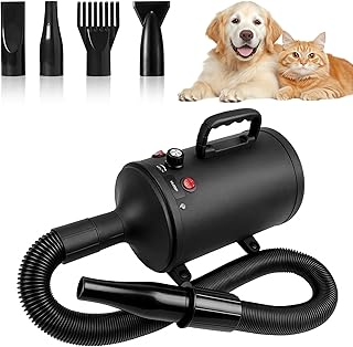 VexNook 3200W Hundefön Blower Sehr Leise - 3200W Pet Dryer Hundetrockner Blower mit Einstellbarer Windgeschwindigkeit und Temperaturen, 4 Verschiedenen Düsen Elastischem Schlauch und Pflegebürst