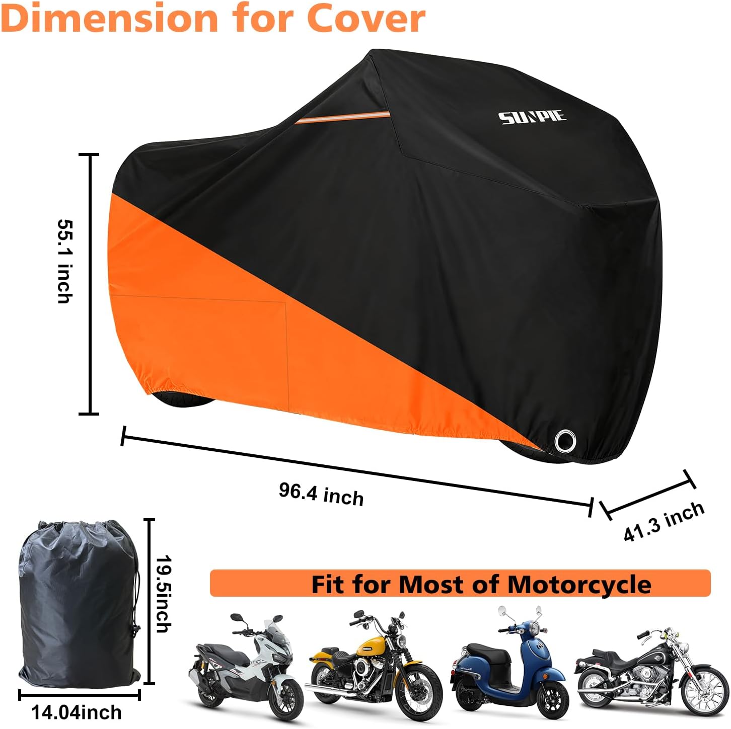 SUNPIE Motorcycle Cover for Sport Bikes Cruiser, All Weather Protection Waterproof Outdoor Covers Fit up to 96.4 inch Motorbike Windproof Design UV Resistant Scratch Proof