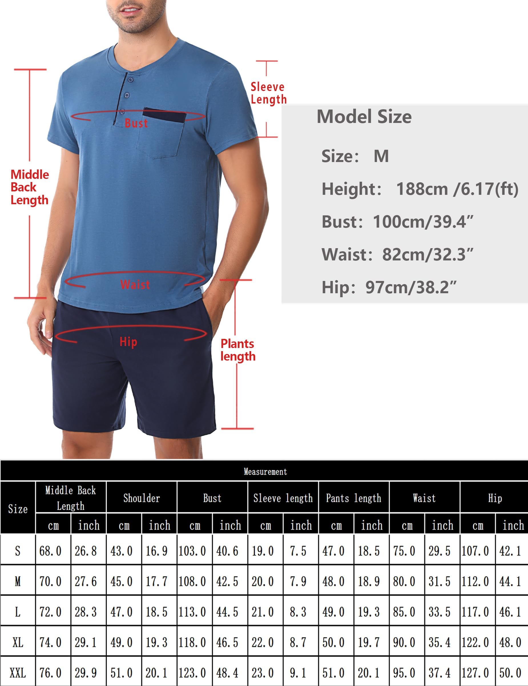 Aseniza Herren Schlafanzug Kurz Baumwolle Pyjamaset Sommer Shorty Nachtwäsche O-Ausschnitt Zweiteilige Schlafanzüge