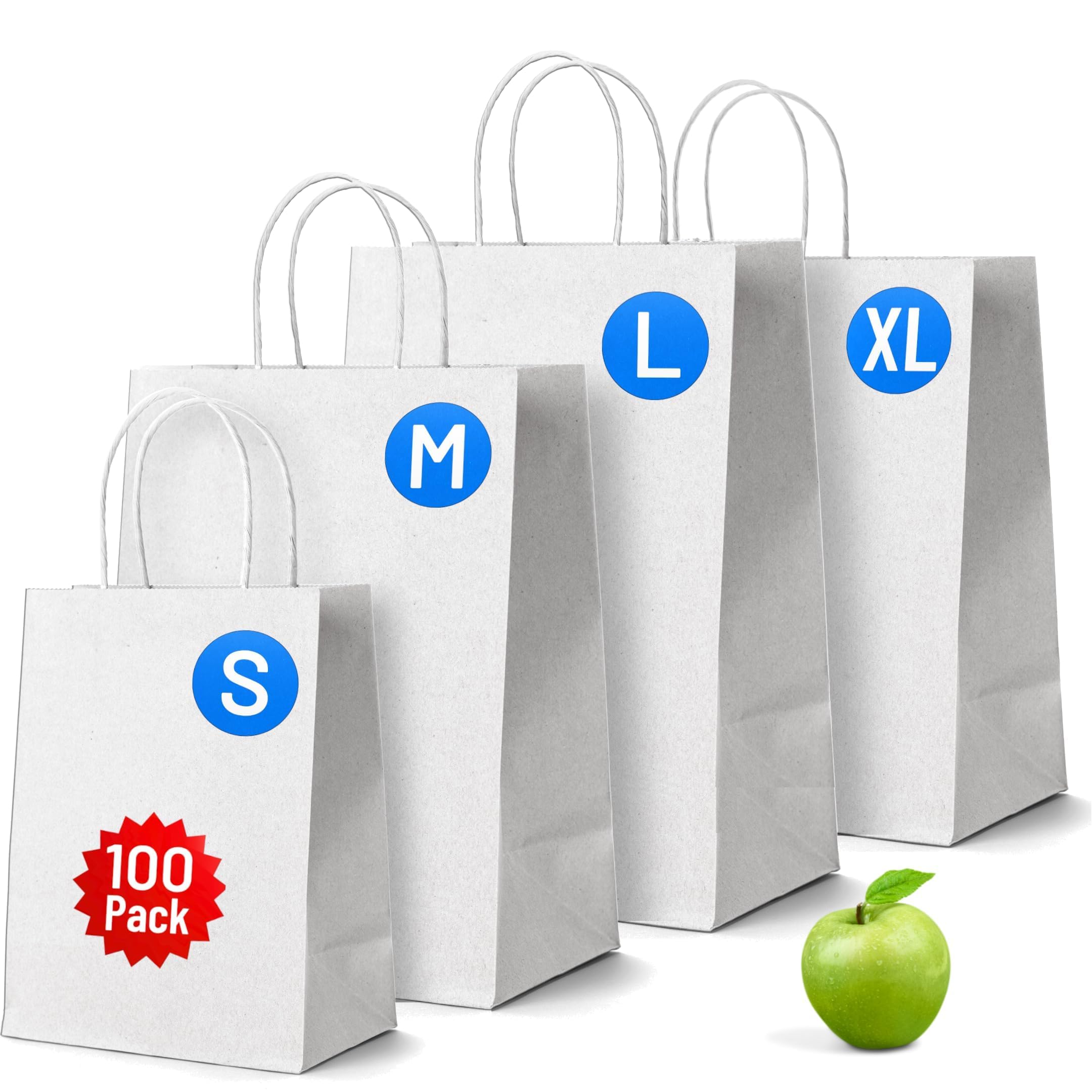 PWgoods White Paper Bags with Handles - 100 Pack, XLarge 12 x 12.5 x 5.5, Twisted Handle Carrier Bag, Retail Lunch Party Gift