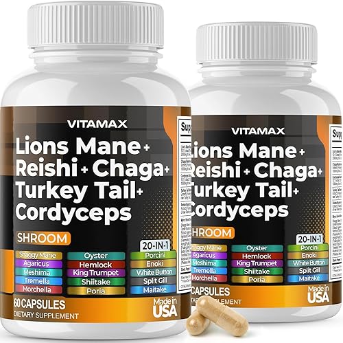 Vitamax Seta de melena de leones, 3000 mg de cola de pavo 2000 mg Chaga y Reishi 1000 mg Cordyceps Shiitake White Elm King Trompeta Nameko Oyster