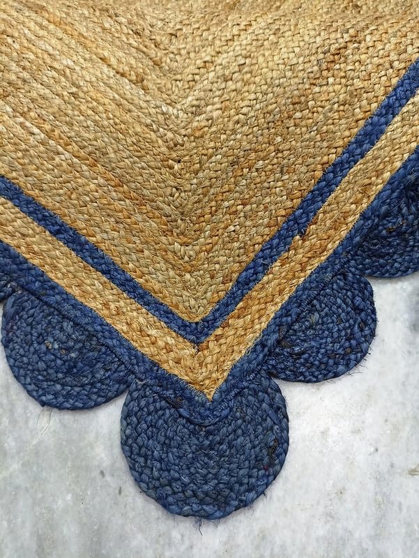 Tappeto quadrato in iuta fatto a mano, blu navy e beige, 2,1 m, decorazione per fattoria