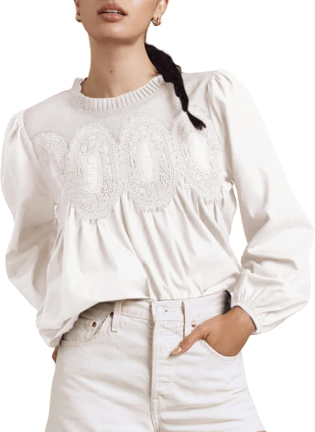 Womens Lace Mesh Flared Blouse Long Sleeve Crew Neck Trendy Floral Embroidered Sheer Lace Poplin Shell Tops