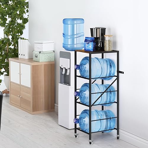 Miniatura 8 de Soporte para botella de agua de 3 niveles marrón rústico con ruedas, resistente soporte para jarra de 5 galones y organizador para cocina, sala de