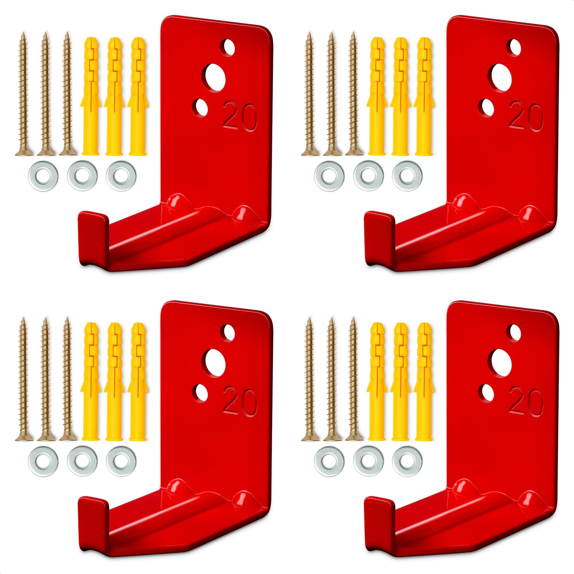 Fire Extinguisher Mount Brackets Set of 4, Heavy Duty Wall Mount Hook 2.36 x 1.57 x 2.36 in, Screws Anchors and Gaskets, Quick Install Holder, Supports up to 20 lb for Garage Workshop Home Cabinet Use