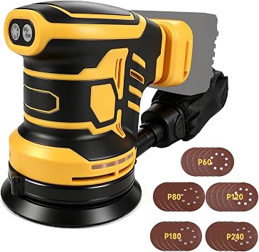 Random Orbital Sander for Dewalt 20V, 125mm 350W Brushless Electric Orbital Sander with 25pcs Sandpaper, 6 Speeds 21000RPM, Dust Extraction for Wood Sanding Polishing Yellow, for Dewalt