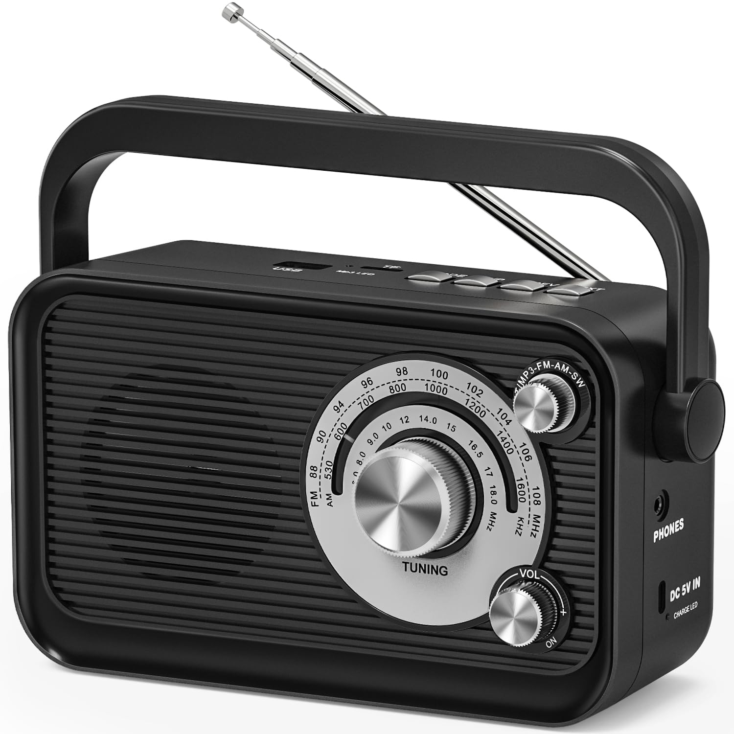 Radio Portable, Radio Portables FM/AM/SW, Alimentation Électrique et Piles, Radio à Piles avec Fonction Bluetooth et MP3, Radio Pourbureau/Cuisine/Camping/Urgences