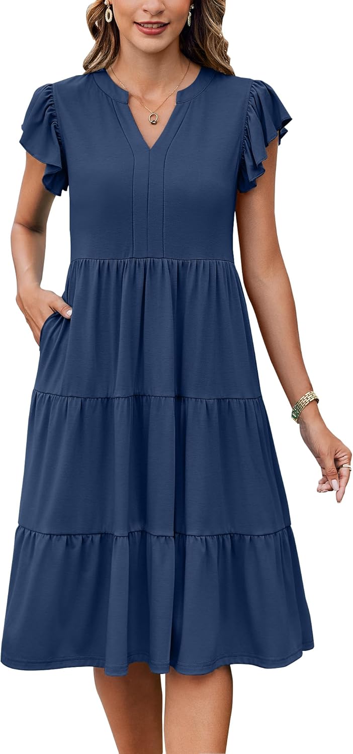 Hount Women’s Summer Casual Dress 2025 V Neck Short Sleeve Midi Sundress Party Dress Flowy Tiered Beach Dresses with Pockets