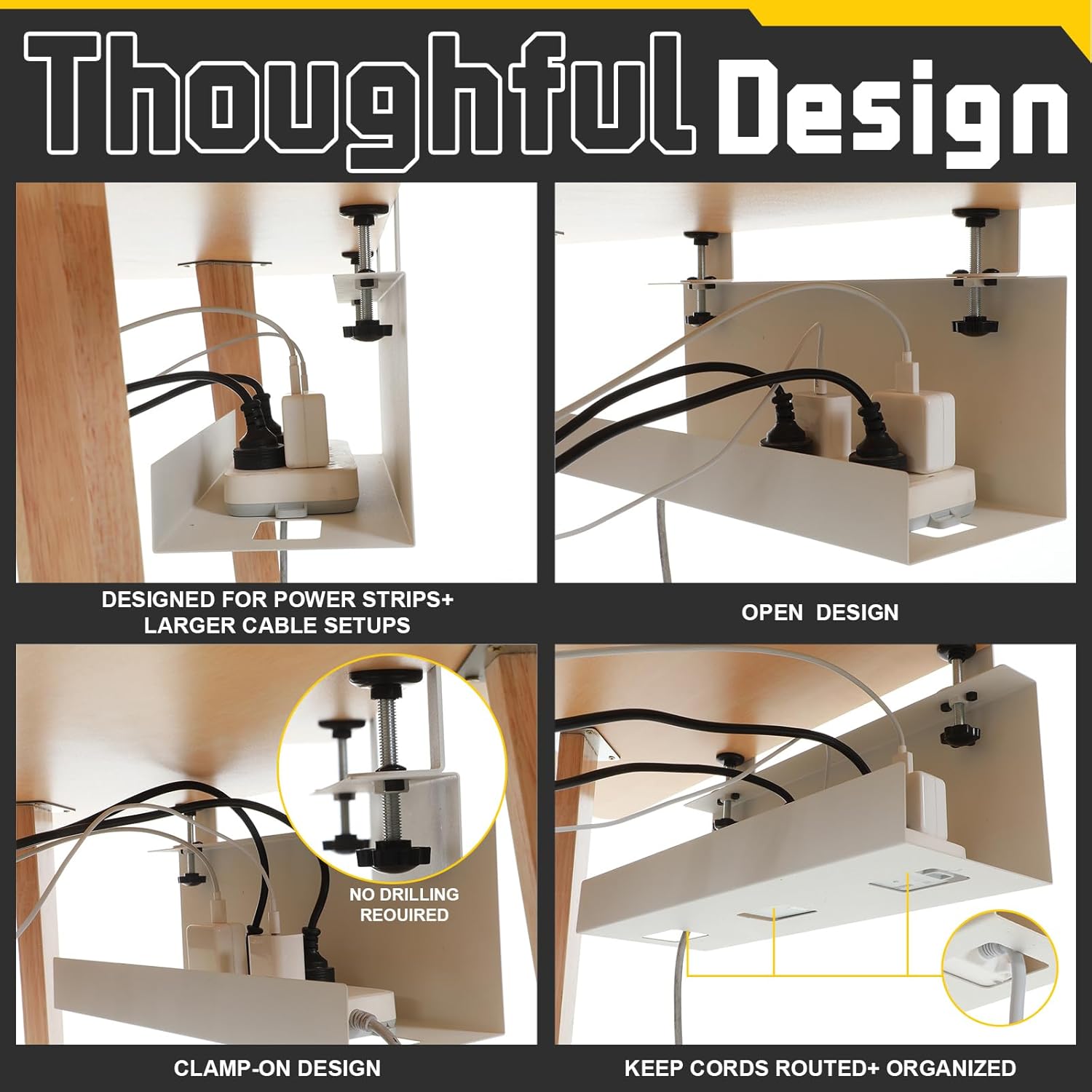 16×6×6 Inch No Drill Clamp-on Power Strip Cable Management Tray Under Standing Desk Steel Cable Organizer Wire Cord Tamer for Office, Home, Garage(White)