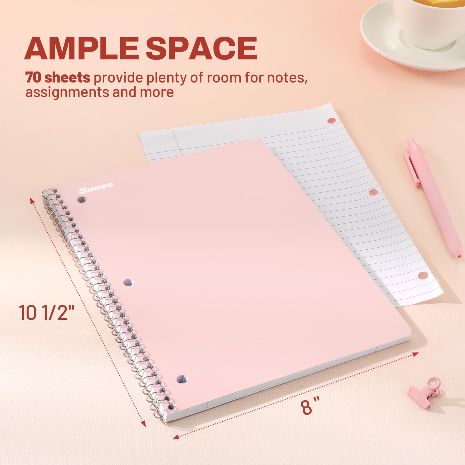 SUNEE Cuadernos en espiral, 1 materia, paquete de 10, papel rayado universitario, 8 x 10-1/2 pulgadas, 70 hojas por cuaderno, papel perforado de 3 agujeros, rosa, morado, azul, verde, amarillo,