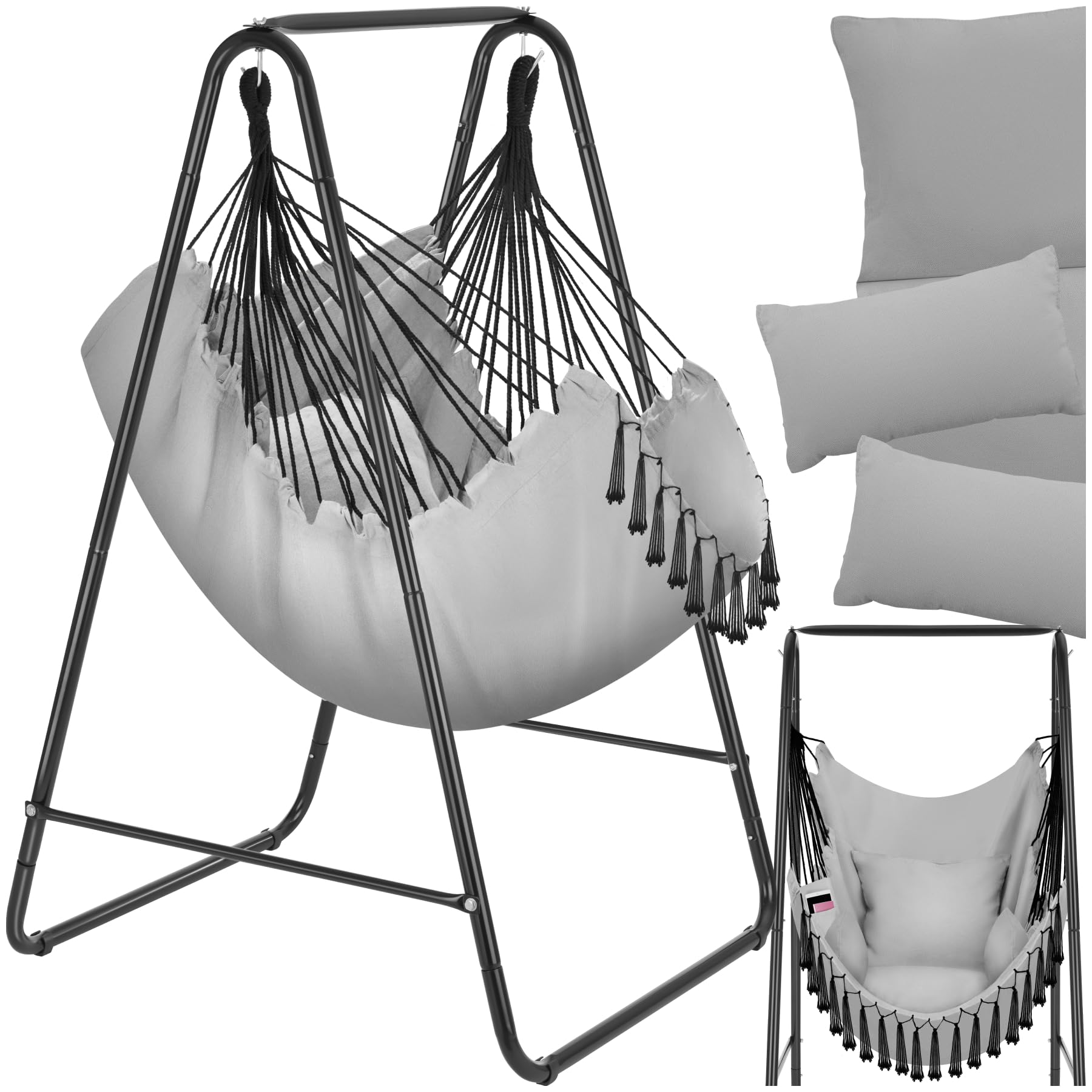 tectake® Silla Colgante Boho, Estructura De Acero, Borlas Decorativas, Cojines Gruesos, Bolsillo Lateral, Interior Y Exterior, Hamaca Sillón Colgante para Jardín, Terraza, Salón, Dormitorio - Gris