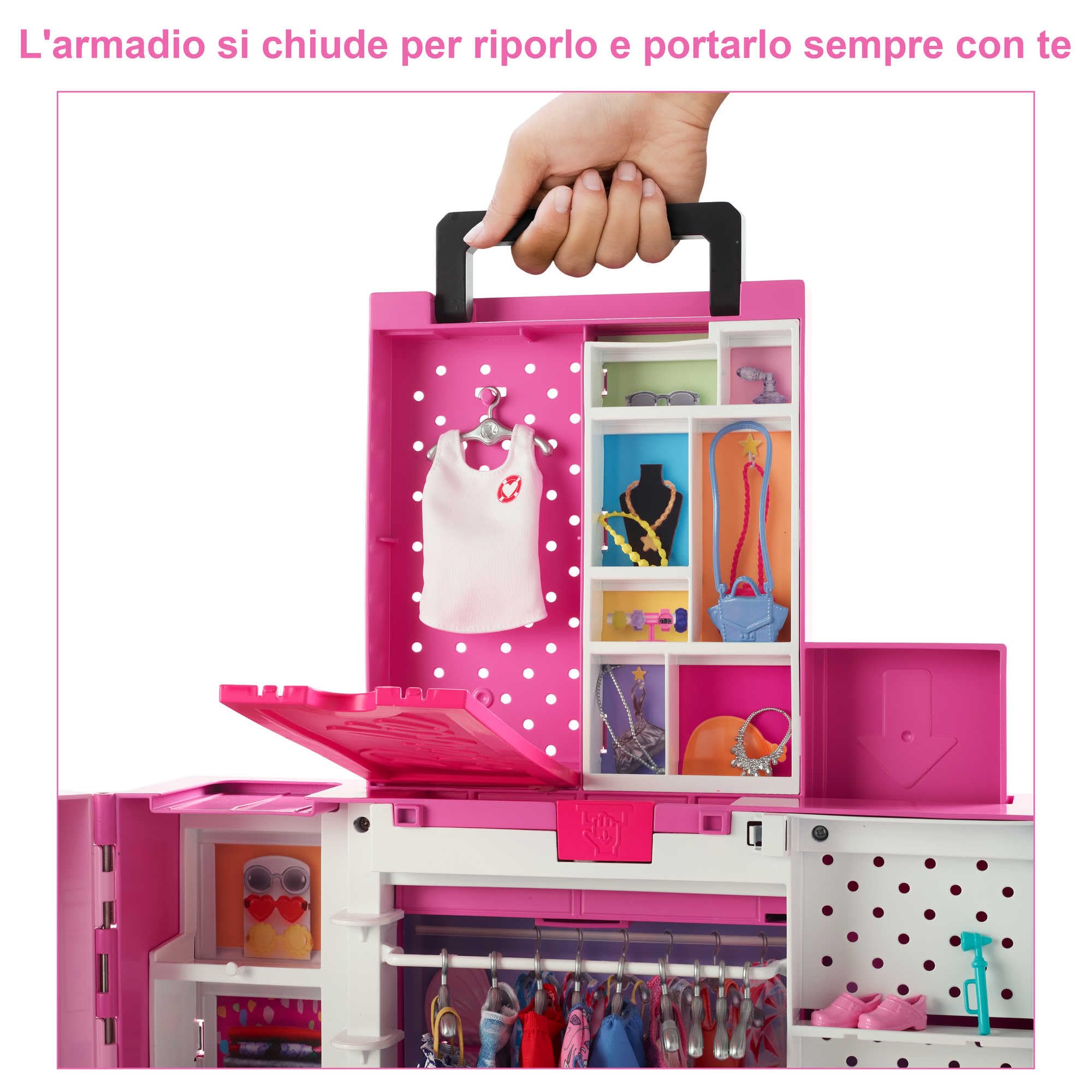 Barbie - Armadio dei Sogni, playset largo 60cm con 15 aree per riporre gli accessori, include specchio, scivolo per biancheria e 35 outifit per creare 400 look, giocattolo per bambini, 3+ anni, HBV28