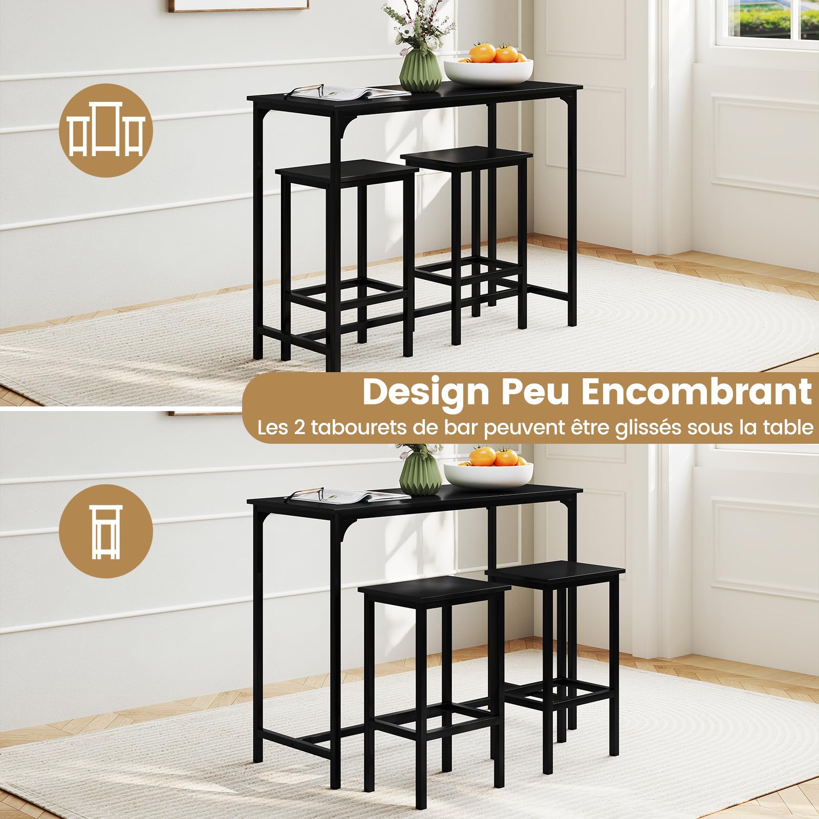 GIANTEX Table Haute Cuisine pour 3 Personnes, Mange Debout Rectangulaire, 2 Tabourets avec Repose-Pieds, Cadre en Métal, Style Industrielle pour Petit Espace, Salle à Manger, Restaurant (Noir)
