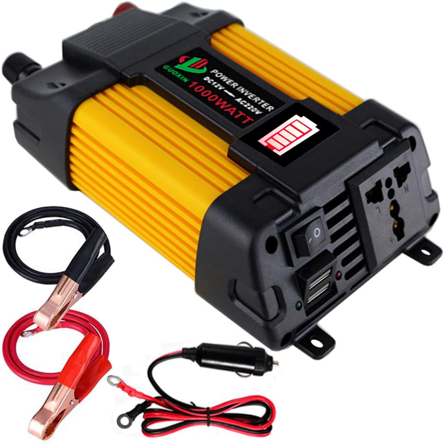 GUOXIN Power Inverter 500W DC 12V to AC Outlet 240V 230V Auto Car Laptop Converter Solar Power Supply Transformer Dual USB Charger 4.2A and LED Battery Display with Cigarette Lighter Adapter in Car and Crocodile Clip for battery