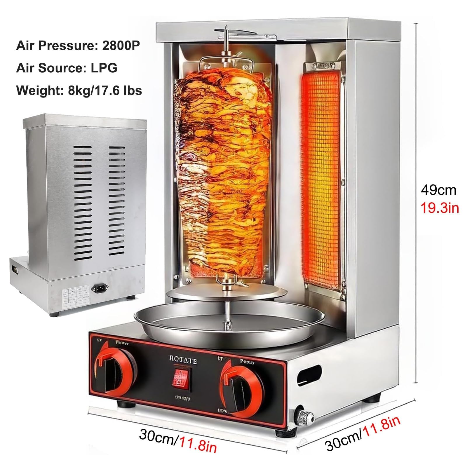 Máquina De Kebab Shawarma, Doner, Parrilla Horno Asador Gas, Giroscópica Vertical Con 2 Tubos Calentamiento Y Bandeja Recolectora Carne(Silver)