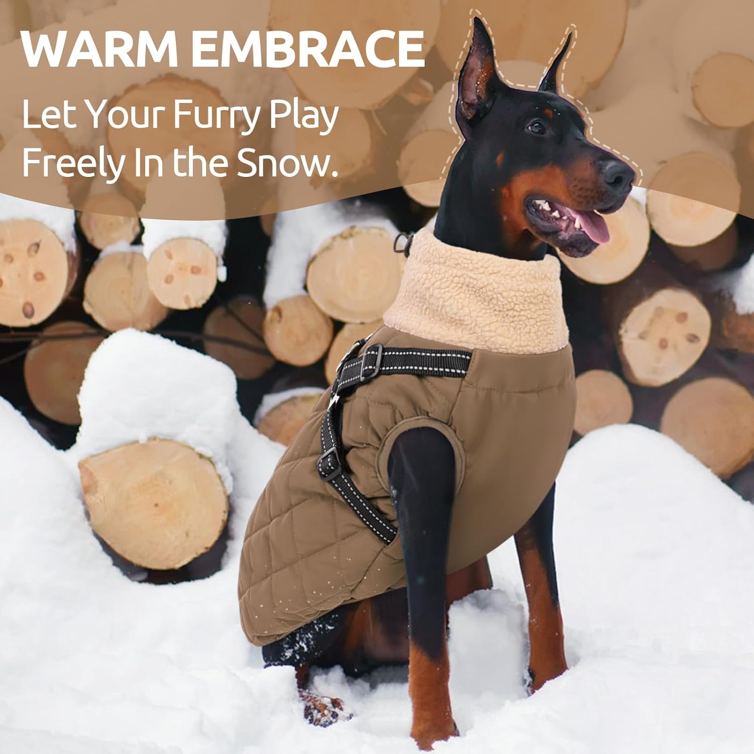 Queenmore Dog Coats for Large Dogs, Dog Jacket, Warm Fleece Winter DogCoat with Harness Built in, Back Zipper Pet Jacket for Large Breeds, Thick Fleece Lining Pet Snowsuit, Brown 2XL - Image 3