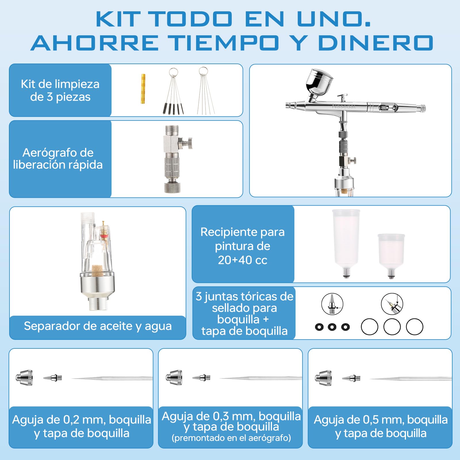 Kit Aerógrafo con Compresor 40PSI Aerografo Modelismo Doble Acción Airbrush Boquilla de 0,2/0,3/0,5 mm Para Uñas, Maquillaje, Decoración De Tartas, Manualidades Y Tatuajes