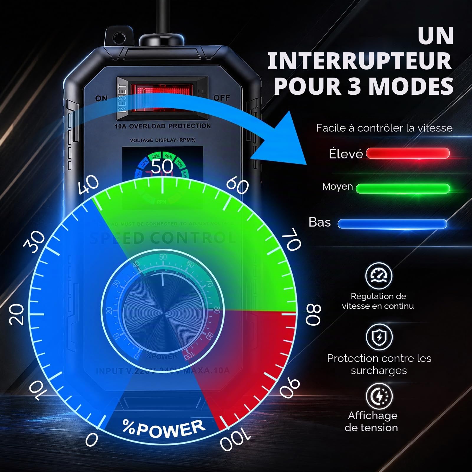 Variateur de Vitesse pour Moteur 220V 4000W Régulateur de Tension avec Grand Écran LED, Contrôleur de Vitesse 18A pour Ventilateur Meuleuse Souffleuse Perceuse, Protection Surcharge, Prise EU