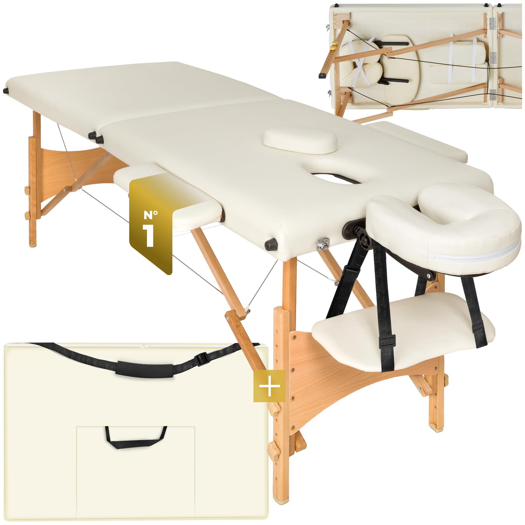 tectake Table de Massage 2 Zones Pliante Cosmetique Lit de Massage Table Esthetique Tatouage Portable avec Repose Bras, Housse de Transport Incluse - Beige
